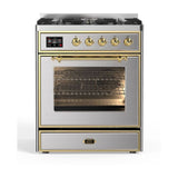 ILVE Majestic II 30” Dual Fuel Range 5 Sealed Burners, Triple Glass Door, Stainless Steel, Brass Knobs-LP