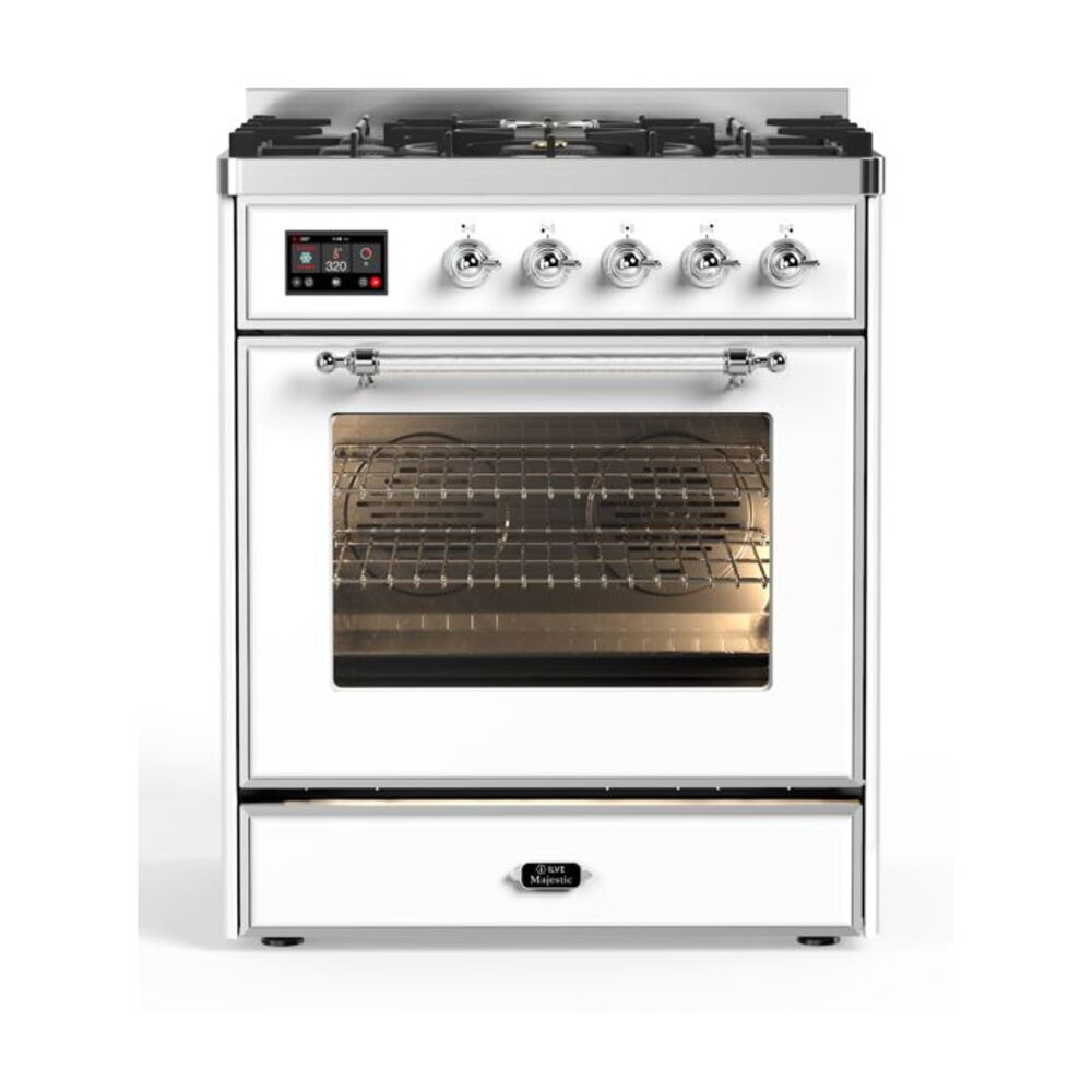 ILVE Majestic II 30” Dual Fuel Range 5 Sealed Burners, Triple Glass Door, White, Chrome Knobs-LP
