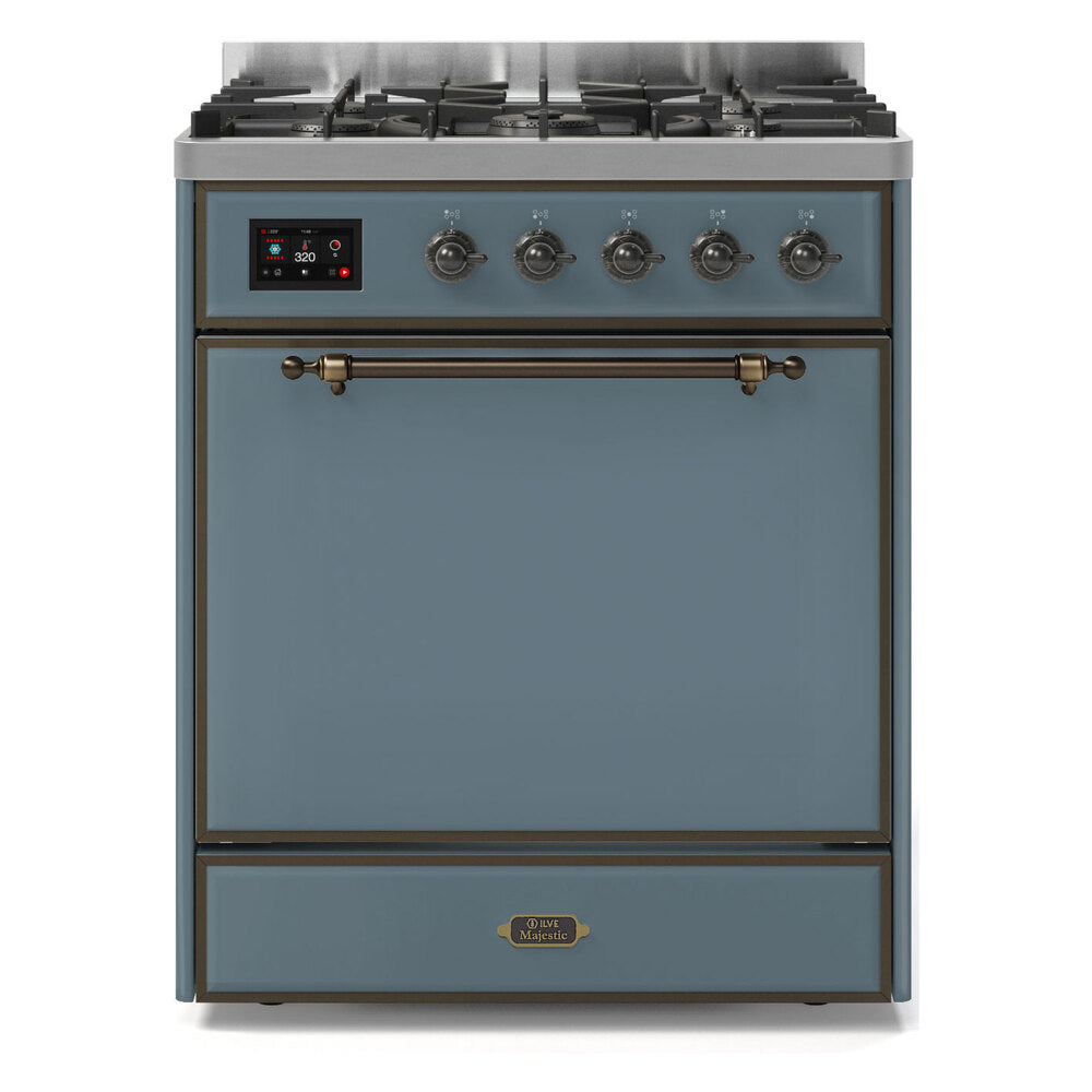 ILVE Majestic II 30” Dual Fuel Range 5 Sealed Burners, Solid Door, Blue Grey, Burnished Knobs-LP