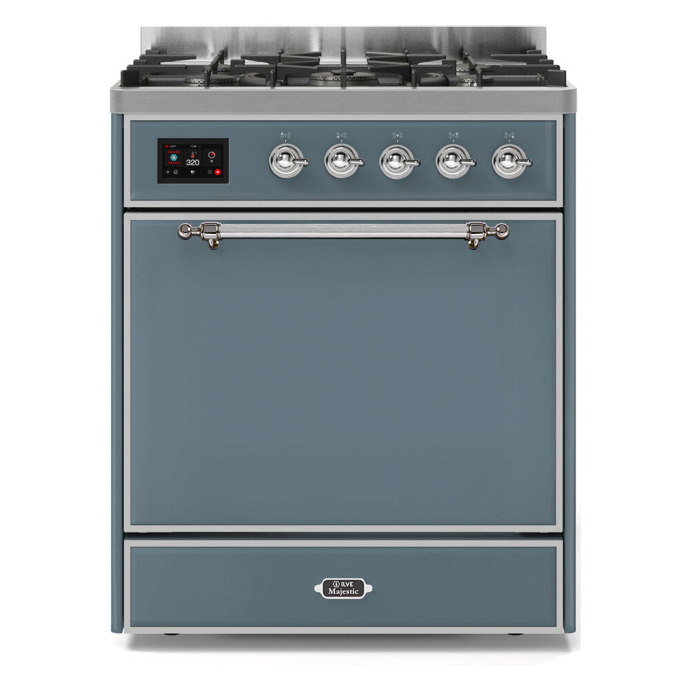 ILVE Majestic II 30" Dual Fuel Range 5 Sealed Burners, Solid Door, Blue Grey, Chrome Knobs-Natural Gas