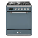 ILVE Majestic II 30" Dual Fuel Range 5 Sealed Burners, Solid Door, Blue Grey, Chrome Knobs-Natural Gas