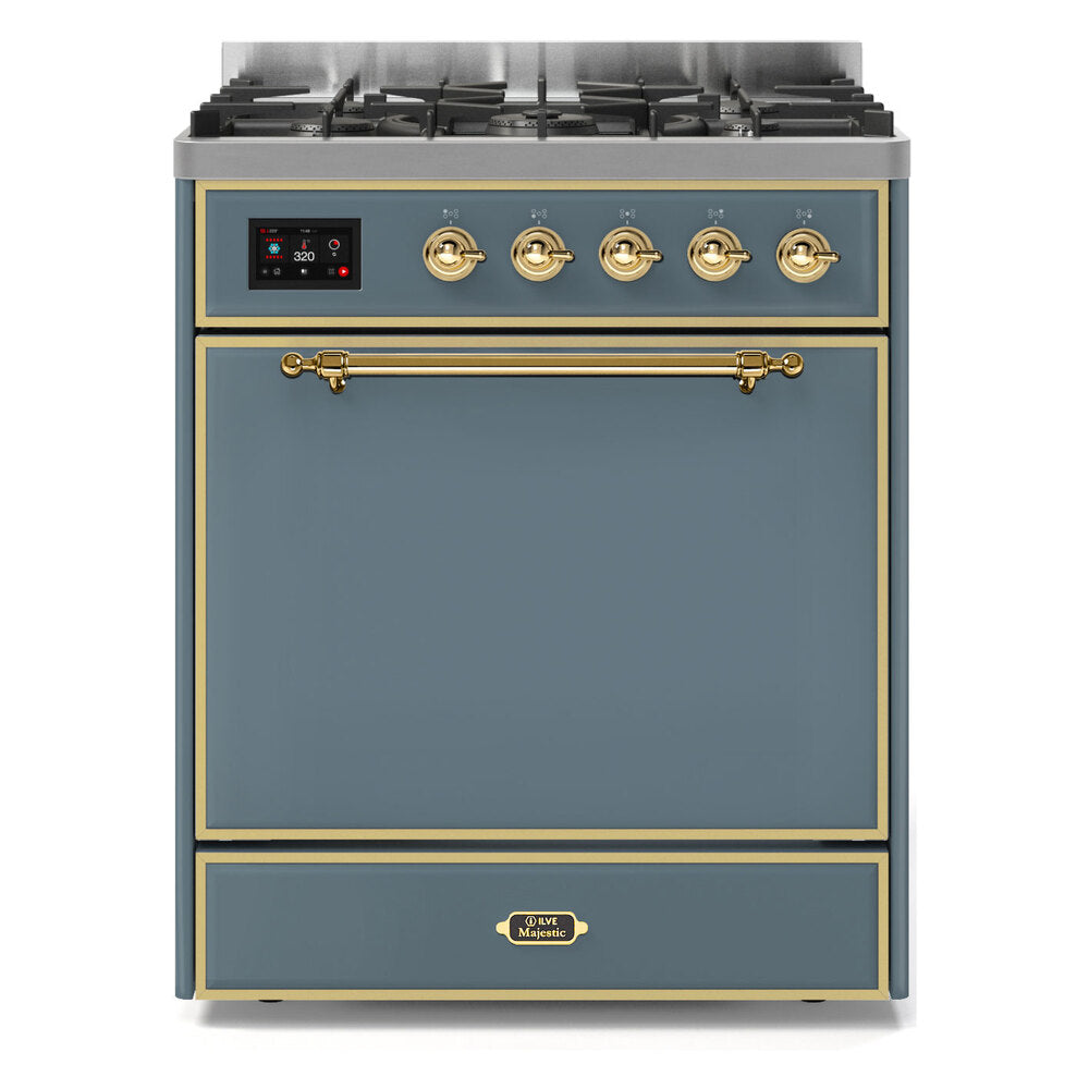 ILVE Majestic II 30" Dual Fuel Range 5 Sealed Burners, Solid Door, Blue Grey, Brass Knobs-Natural Gas