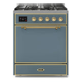 ILVE Majestic II 30" Dual Fuel Range 5 Sealed Burners, Solid Door, Blue Grey, Brass Knobs-Natural Gas