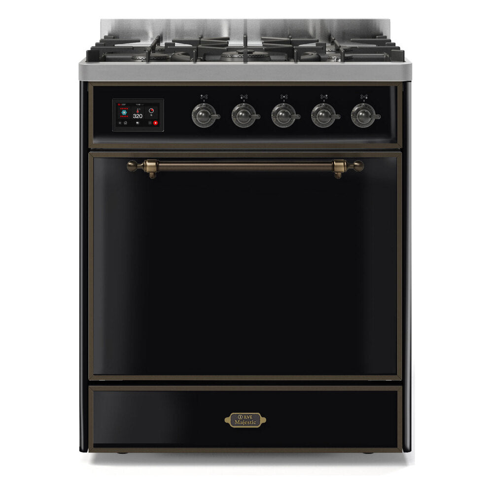 ILVE Majestic II 30” Dual Fuel Range 5 Sealed Burners, Solid Door, Glossy Black, Burnished Knobs-LP