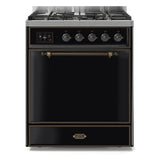 ILVE Majestic II 30” Dual Fuel Range 5 Sealed Burners, Solid Door, Glossy Black, Burnished Knobs-LP