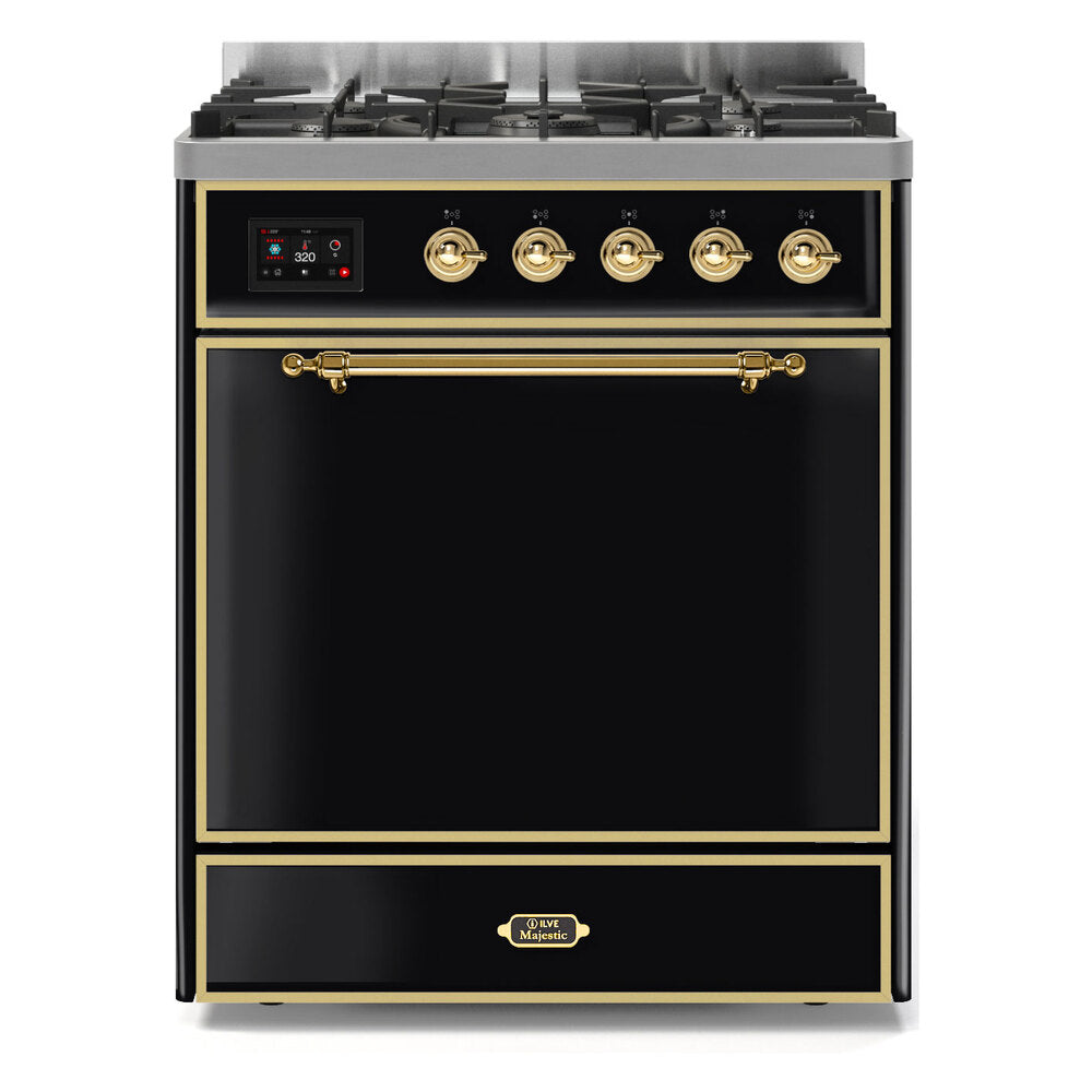 ILVE Majestic II 30" Dual Fuel Range 5 Sealed Burners, Solid Door, Glossy Black, Brass Knobs-Natural Gas