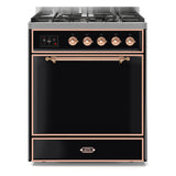 ILVE Majestic II 30" Dual Fuel Range 5 Sealed Burners, Solid Door, Glossy Black, Copper Knobs-Natural Gas