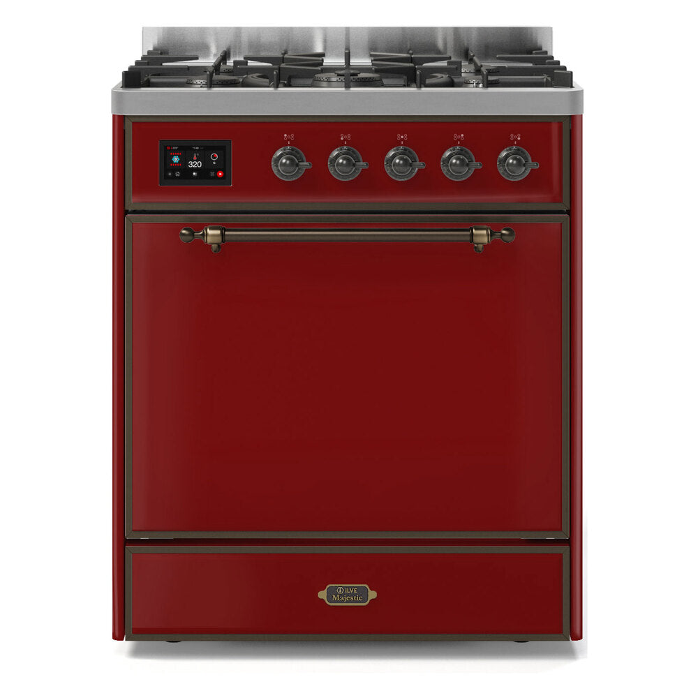 ILVE Majestic II 30” Dual Fuel Range 5 Sealed Burners, Solid Door, Burgundy, Burnished Knobs-LP