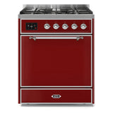 ILVE Majestic II 30” Dual Fuel Range 5 Sealed Burners, Solid Door, Burgundy, Chrome Knobs-LP