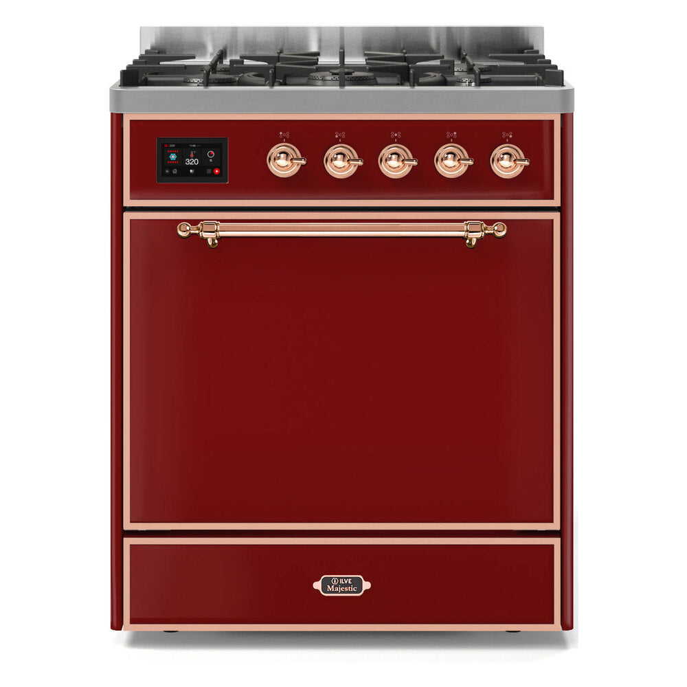 ILVE Majestic II 30" Dual Fuel Range 5 Sealed Burners, Solid Door, Burgundy, Copper Knobs-Natural Gas