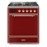 ILVE Majestic II 30" Dual Fuel Range 5 Sealed Burners, Solid Door, Burgundy, Copper Knobs-Natural Gas
