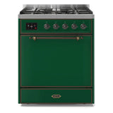 ILVE Majestic II 30” Dual Fuel Range 5 Sealed Burners, Solid Door, Emerald Green, Burnished Knobs-LP