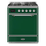 ILVE Majestic II 30” Dual Fuel Range 5 Sealed Burners, Solid Door, Emerald Green, Chrome Knobs-LP