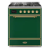 ILVE Majestic II 30” Dual Fuel Range 5 Sealed Burners, Solid Door, Emerald Green, Brass Knobs-LP