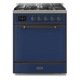 ILVE Majestic II 30" Dual Fuel Range 5 Sealed Burners, Solid Door, Midnight Blue, Burnished Knobs-Natural Gas