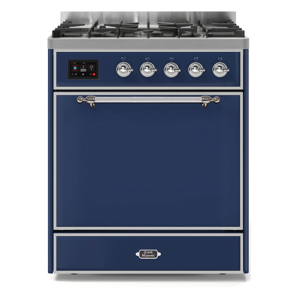 ILVE Majestic II 30" Dual Fuel Range 5 Sealed Burners, Solid Door, Midnight Blue, Chrome Knobs-Natural Gas