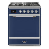 ILVE Majestic II 30" Dual Fuel Range 5 Sealed Burners, Solid Door, Midnight Blue, Chrome Knobs-Natural Gas