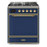 ILVE Majestic II 30” Dual Fuel Range 5 Sealed Burners, Solid Door, Midnight Blue, Brass Knobs-LP