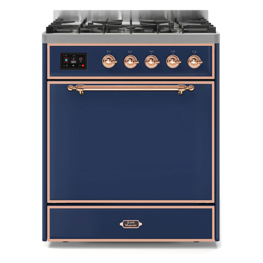 ILVE Majestic II 30” Dual Fuel Range 5 Sealed Burners, Solid Door, Midnight Blue, Copper Knobs-LP