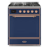 ILVE Majestic II 30” Dual Fuel Range 5 Sealed Burners, Solid Door, Midnight Blue, Copper Knobs-LP