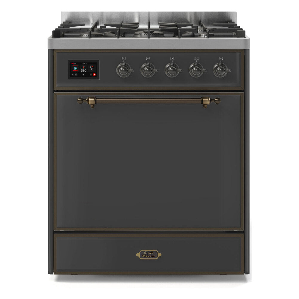ILVE Majestic II 30” Dual Fuel Range 5 Sealed Burners, Solid Door, Graphite Matte Burnished Knobs-LP