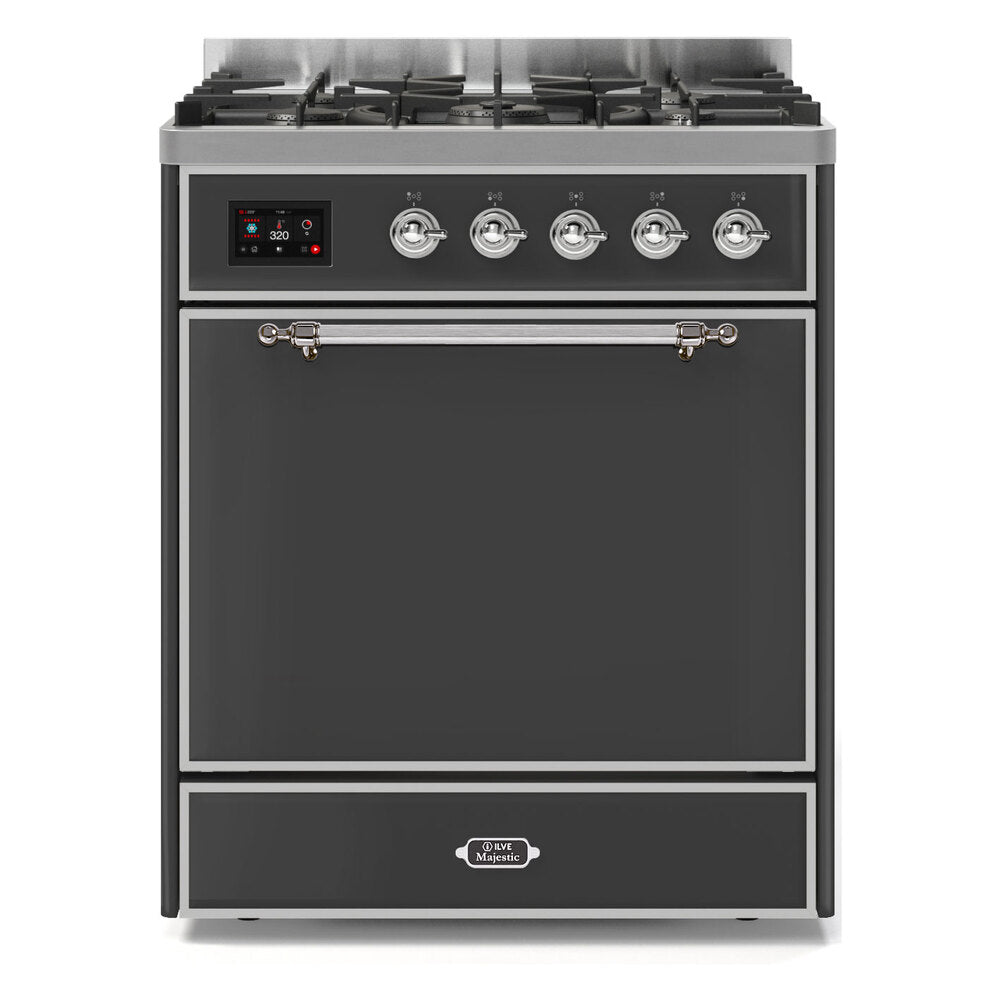 ILVE Majestic II 30" Dual Fuel Range 5 Sealed Burners, Solid Door, Graphite Matte, Chrome Knobs-Natural Gas