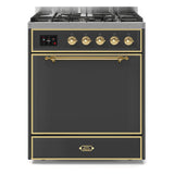 ILVE Majestic II 30" Dual Fuel Range 5 Sealed Burners, Solid Door, Graphite Matte, Brass Knobs-Natural Gas