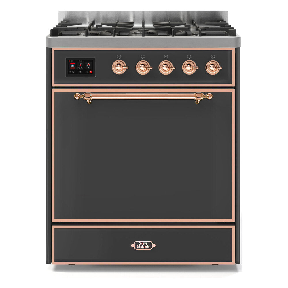 ILVE Majestic II 30" Dual Fuel Range 5 Sealed Burners, Solid Door, Graphite Matte, Copper Knobs-Natural Gas