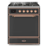 ILVE Majestic II 30" Dual Fuel Range 5 Sealed Burners, Solid Door, Graphite Matte, Copper Knobs-Natural Gas