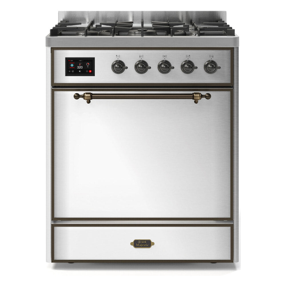 ILVE Majestic II 30" Dual Fuel Range 5 Sealed Burners, Solid Door, Stainless Steel, Burnished Knobs-Natural Gas