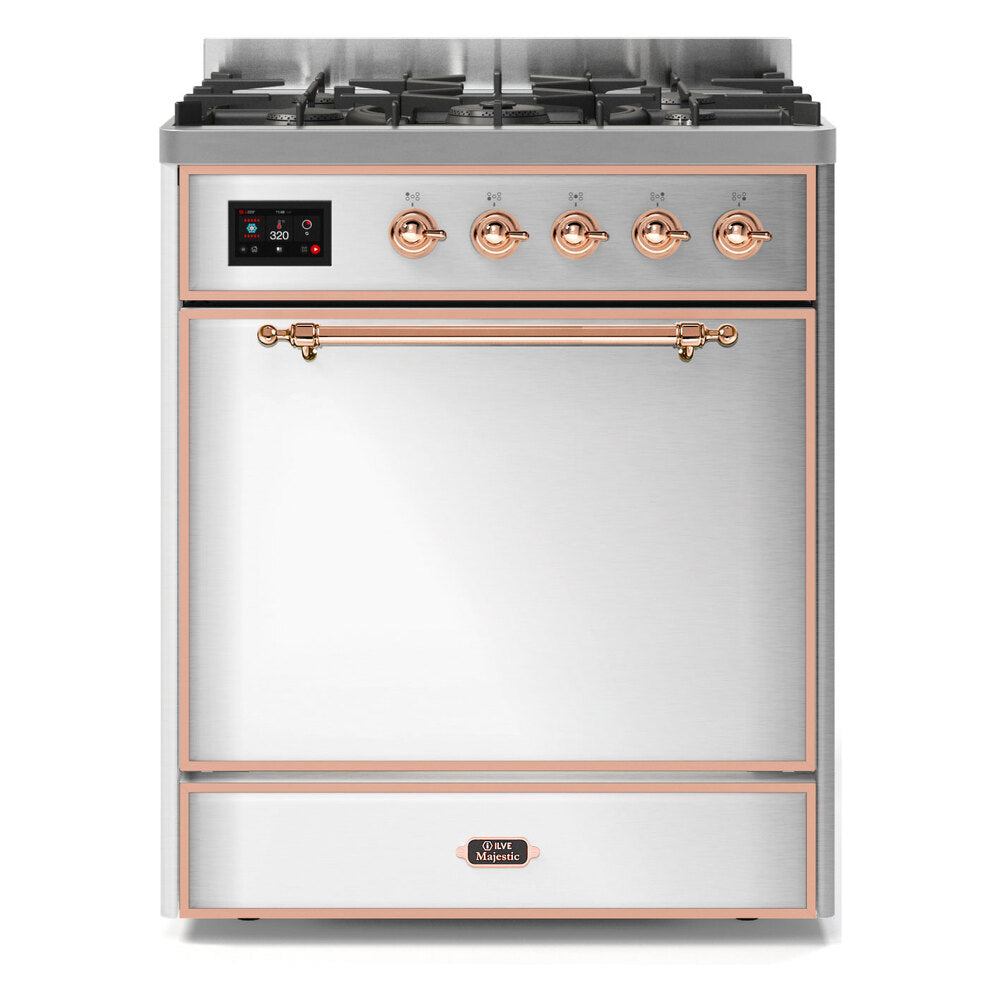 ILVE Majestic II 30” Dual Fuel Range 5 Sealed Burners, Solid Door, Stainless Steel, Copper Knobs-LP