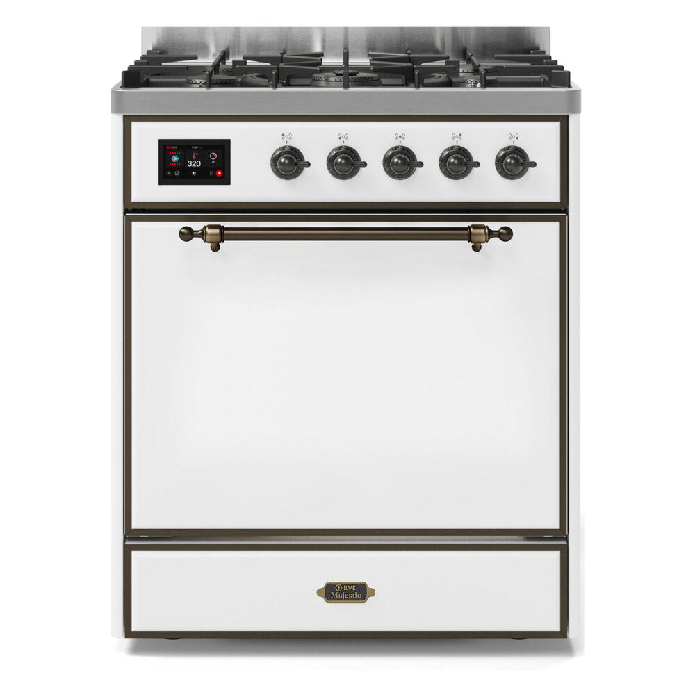 ILVE Majestic II 30" Dual Fuel Range 5 Sealed Burners, Solid Door, White, Burnished Knobs-Natural Gas
