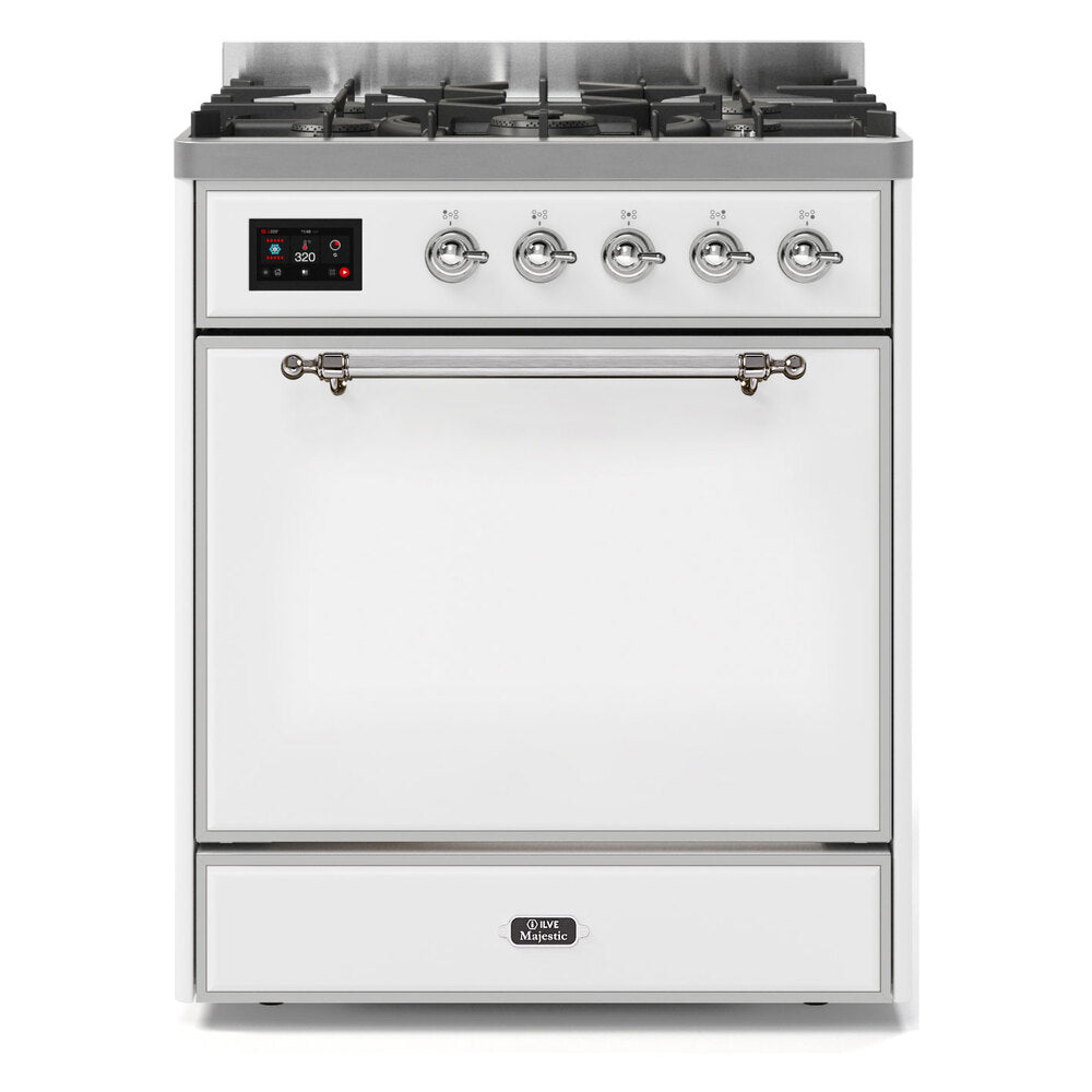 ILVE Majestic II 30" Dual Fuel Range 5 Sealed Burners, Solid Door, White, Chrome Knobs-Natural Gas