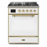 ILVE Majestic II 30” Dual Fuel Range 5 Sealed Burners, Solid Door, White, Brass Knobs-LP