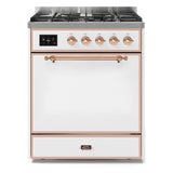 ILVE Majestic II 30” Dual Fuel Range 5 Sealed Burners, Solid Door, White, Copper Knobs-LP