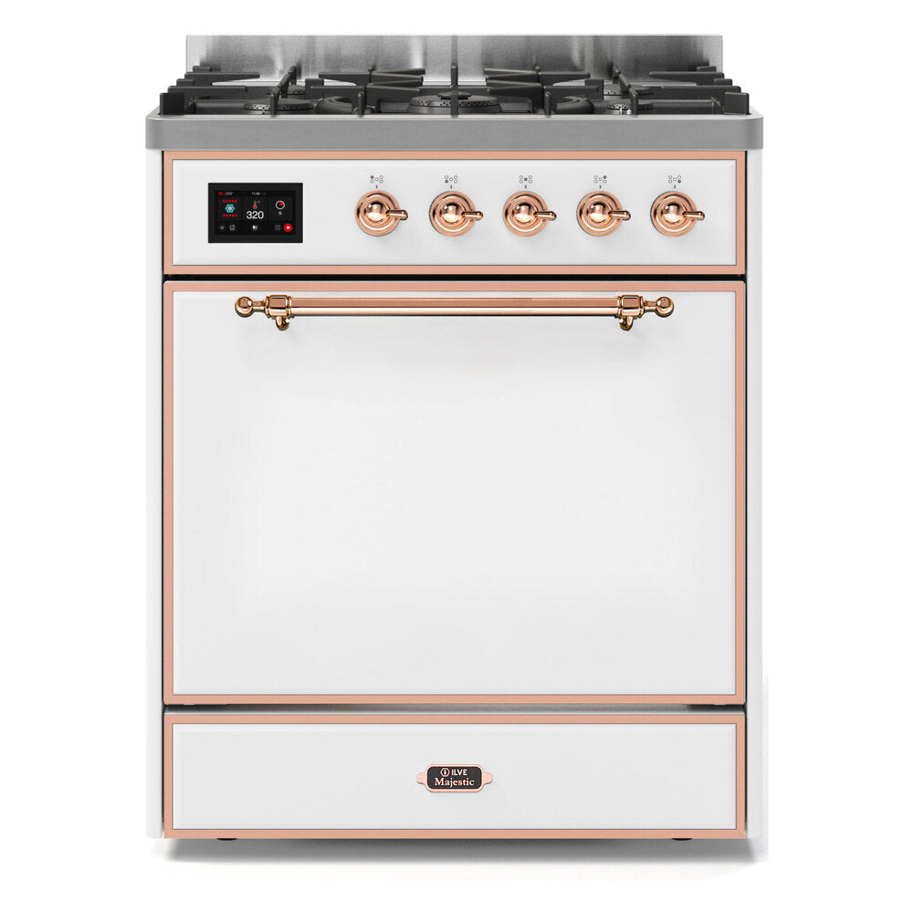 ILVE Majestic II 30" Dual Fuel Range 5 Sealed Burners, Solid Door, White, Copper Knobs-Natural Gas