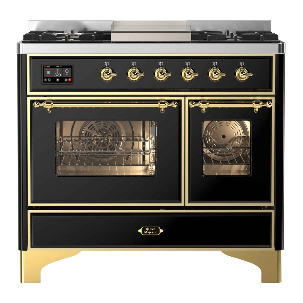 ILVE Majestic II 40" Dual Fuel Range 6 Sealed Burners, Triple Glass Door, Glossy Black, Brass Knobs-LP