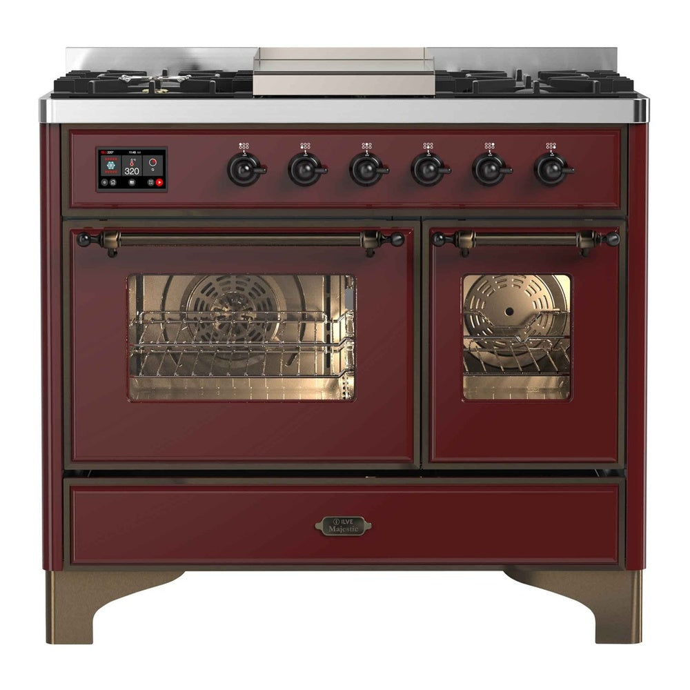 ILVE Majestic II 40" Dual Fuel Range 6 Sealed Burners, Triple Glass Door, Burgundy, Burnished Knobs-LP
