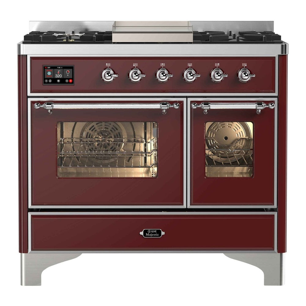 ILVE Majestic II 40" Dual Fuel Range 6 Sealed Burners, Triple Glass Door, Burgundy, Chrome Knobs-LP