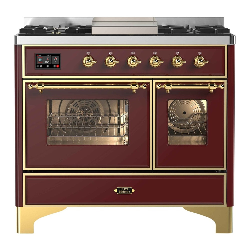 ILVE Majestic II 40" Dual Fuel Range 6 Sealed Burners, Triple Glass Door, Burgundy, Brass Knobs-Natural Gas