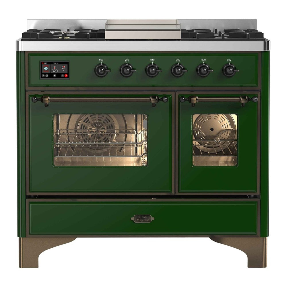 ILVE Majestic II 40" Dual Fuel Range 6 Sealed Burners, Triple Glass Door, Emerald Green, Burnished Knobs-LP