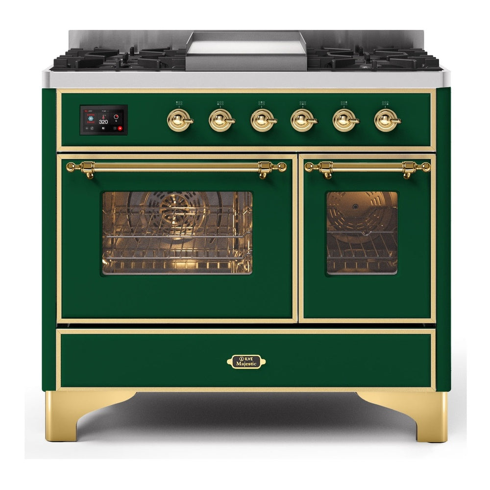 ILVE Majestic II 40" Dual Fuel Range 6 Sealed Burners, Triple Glass Door, Emerald Green, Brass Knobs-LP