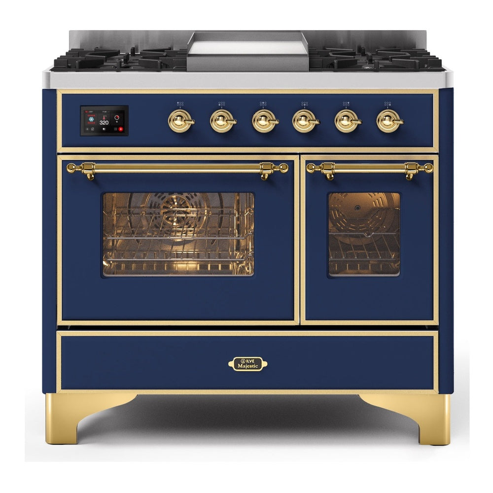 ILVE Majestic II 40" Dual Fuel Range 6 Sealed Burners, Triple Glass Door, Midnight Blue, Brass Knobs-Natural Gas