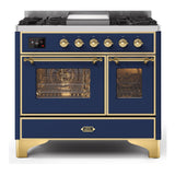 ILVE Majestic II 40" Dual Fuel Range 6 Sealed Burners, Triple Glass Door, Midnight Blue, Brass Knobs-Natural Gas