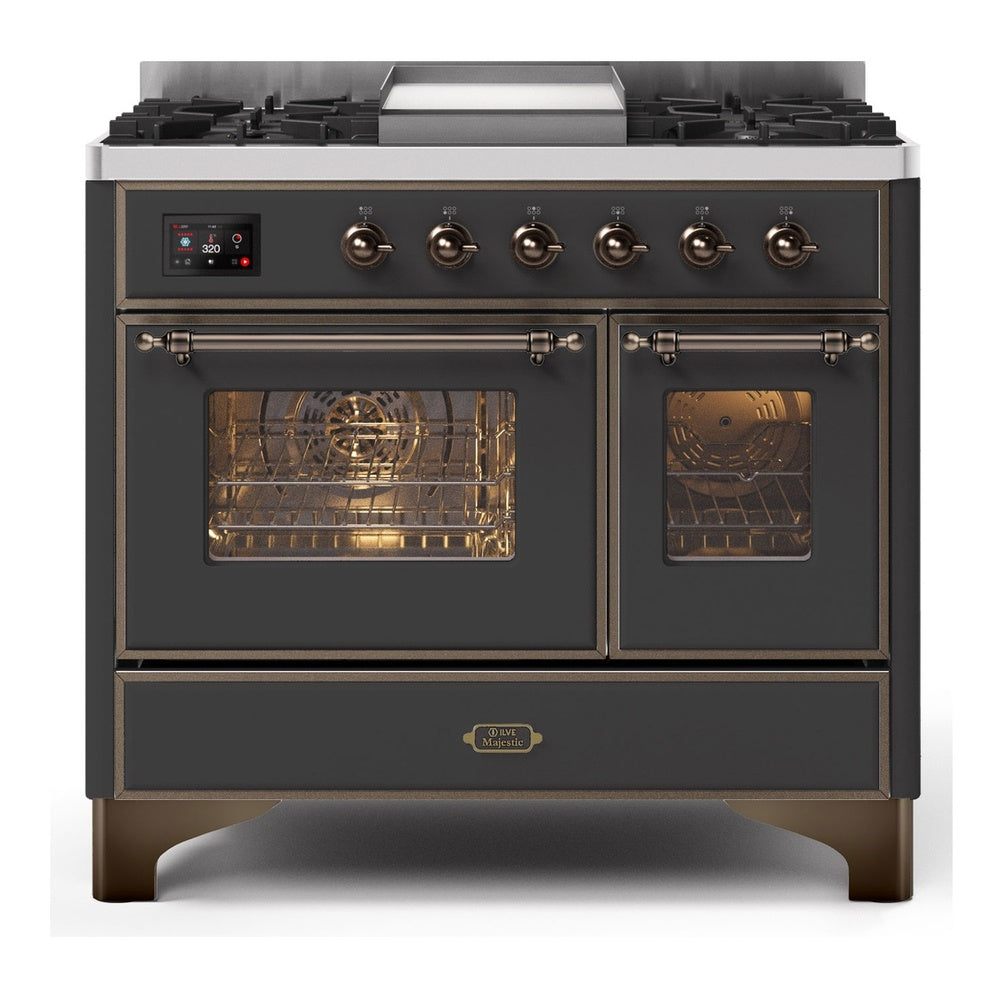 ILVE Majestic II 40" Dual Fuel Range 6 Sealed Burners, Triple Glass Door, Graphite Matte, Burnished Knobs-Natural Gas