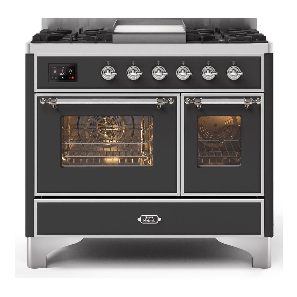 ILVE Majestic II 40" Dual Fuel Range 6 Sealed Burners, Triple Glass Door, Graphite Matte, Chrome Knobs-Natural Gas