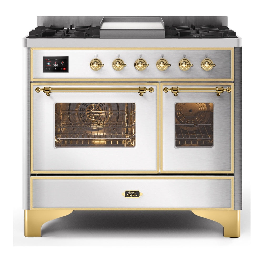 ILVE Majestic II 40" Dual Fuel Range 6 Sealed Burners, Triple Glass Door, Stainless Steel, Brass Knobs-Natural Gas