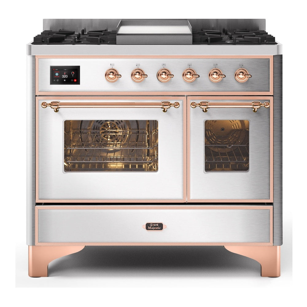 ILVE Majestic II 40" Dual Fuel Range 6 Sealed Burners, Triple Glass Door, Stainless Steel, Copper Knobs-LP