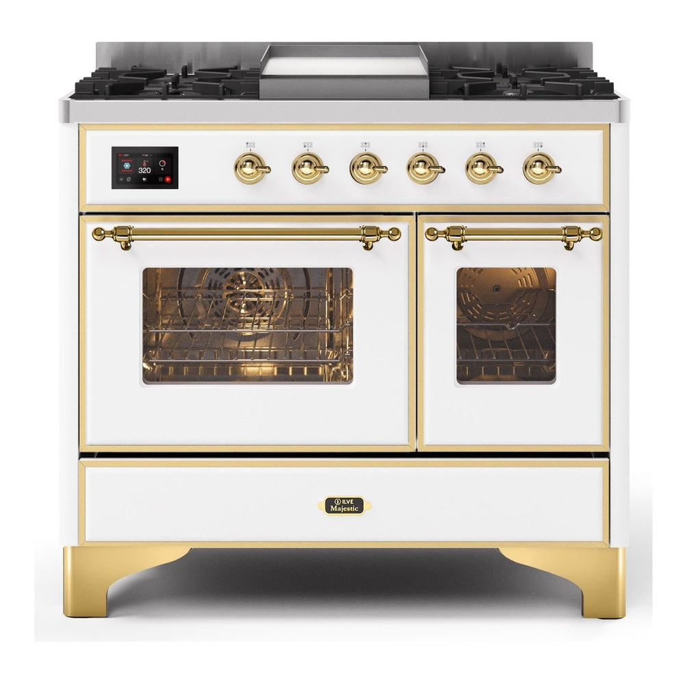 ILVE Majestic II 40" Dual Fuel Range 6 Sealed Burners, Triple Glass Door, White, Brass Knobs-LP