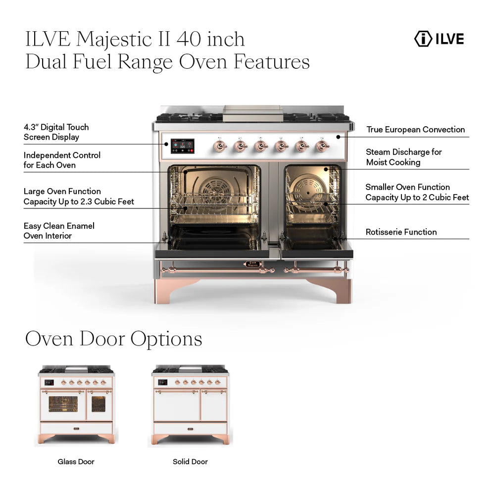 ILVE Majestic II 40" Dual Fuel Range 6 Sealed Burners, Triple Glass Door, Blue Grey, Burnished Knobs-LP